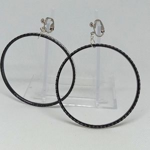 2.5" Black Dazzle Silver Sparkling Clip-on Hoop Earrings